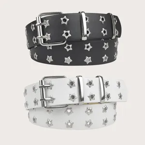 Punk Y2K Hollow Out Star Grommet Belt Double Prong Buckle PU Leather Waistband For Women Harajuku Streetwear Casual Accessories
