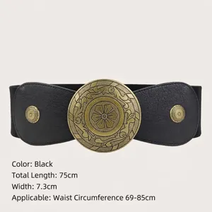 Vintage black elastic waist cincher belt for women with decorative bronze round disc buckle