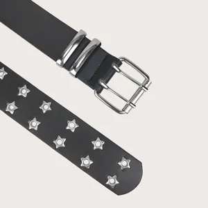 Y2K punk style black leather belt with double star eyelets and silver prong buckle