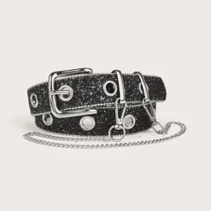 Fashionable punk style black glitter belt for women with silver metal grommets and side chain
