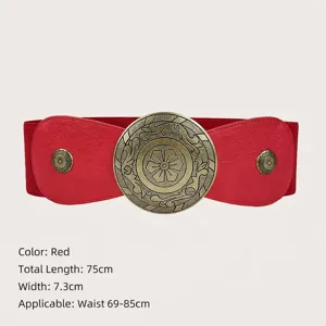 Retro red elastic corset belt with a vintage bronze-toned round decorative buckle