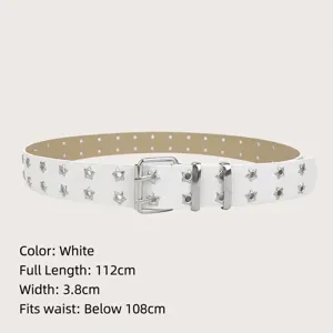 White faux leather belt with double star eyelets and prong buckle for women Y2K fashion