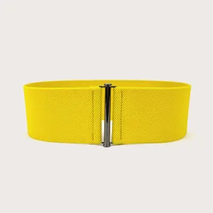 Vibrant yellow wide elastic cinch belt for women with elegant silver buckle closure
