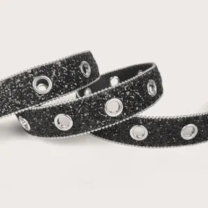 Black glitter women's belt with silver metal eyelets for Y2K spicy girl style outfits