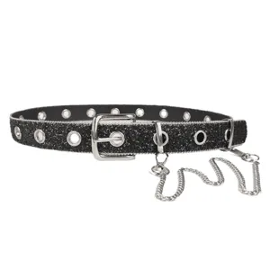Punk style black glitter women's belt featuring metal eyelets and a silver side chain