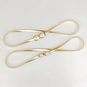 Women Fashion Gold Metal Spring Belt Elastic Slim Waist Chain With Artificial Pearl Rhinestone Heart Leaf Decorative Belt