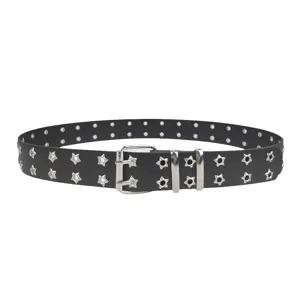 Punk style black faux leather belt with double-row star eyelets and silver buckle 3.8cm wide