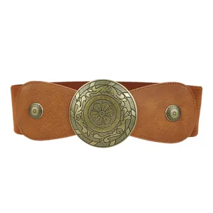 Vintage bronze round buckle elastic waist belt for women with brown textured faux leather