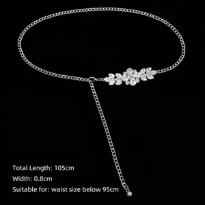 Elegant silver chain belt for women featuring sparkling rhinestone floral accents for dresses