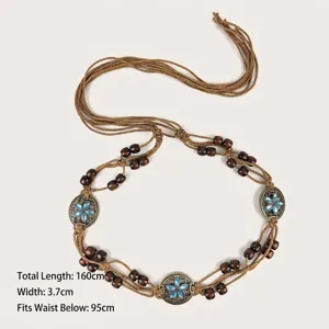 Cadena de cintura bohemia tejida a mano con pedrería azul y cuentas de madera para mujer.