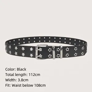 Fashionable black Y2K punk belt with double-row star eyelets and silver buckle, 112cm length
