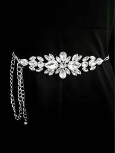 Elegant silver chain belt with shimmering rhinestone floral centerpiece for dresses