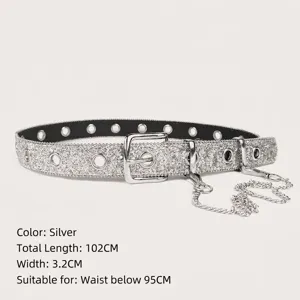 Trendy silver glitter belt for women featuring eyelets and decorative side chain