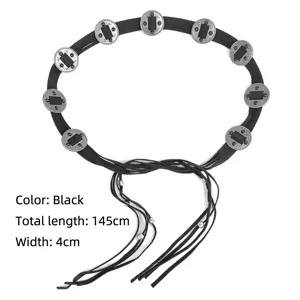 Retro Bohemian ethnic style waist chain belt with black tassels and metallic studs