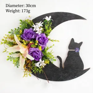 Halloween decoration moon black cat door wreath with purple roses and lilies, 30cm