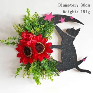 Halloween black cat moon wreath door hanger with red sunflowers and stars, 30cm