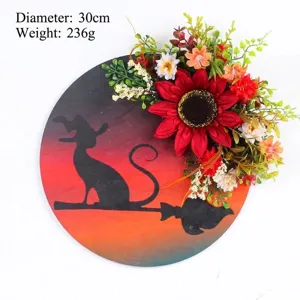 Halloween moon cat wreath door hanging decoration with flowers, 30cm diameter, 236g weight