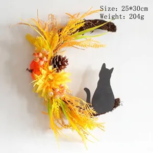 Halloween crescent moon wreath with black cat silhouette and autumn harvest decorations