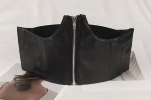 Detailed view of the silver zipper closure on a wide black elastic corset waist belt