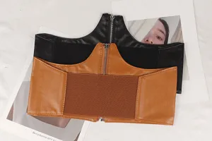 Detailed view of fashionable wide elastic corset waist belt featuring front zipper closure