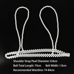 Detail of white pearl beaded harness belt with 0.8cm pearls and 1.9cm band width.