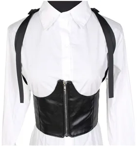 Macro detail view of black elastic corset belt with silver front zipper and straps
