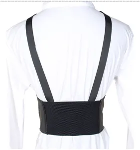 Back view of a wide black elastic corset belt with shoulder straps on a white shirt.