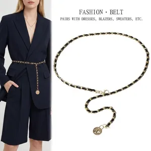 Vintage Metall Leder Geflochtene Kette Gürtel Für Damen Mode Legierung Kamelien Anhänger Taillenkette Dekorativer Gürtel Für Kleid