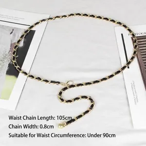 Eleganter Kettengürtel aus Goldmetall und schwarzem Leder für Kleider, 105 cm Länge