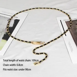Eleganter goldener Metallkettengürtel mit schwarzem Leder für Damenkleider
