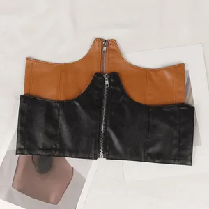 Wide faux leather corset belts with zipper and fishbone stitching in black and tan