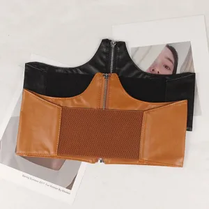 Stylish women's wide corset belt with front zipper and elastic band in black and brown.