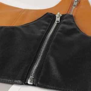 Detail of wide elastic corset belt with fishbone boning and front metal zipper closure.