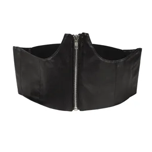 Fashionable black elastic wide corset belt for women with front zipper and boning support