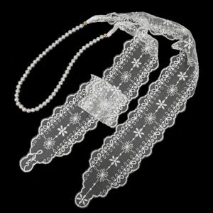 Elegant white lace tie-up waist belt with pearl chain for women's dress decoration