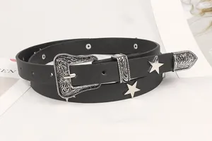 Close-up detail of a vintage western style belt with engraved buckle and silver star studs