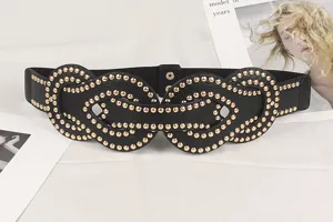 Punk style wide elastic waist belt with gold rivets for dresses and coats