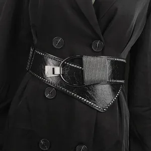 Close-up detail of a wide black punk style corset belt featuring silver rivets and a round buckle