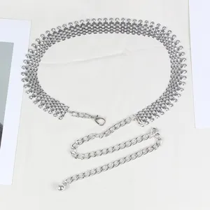 Sparkling silver rhinestone metal waist chain belt for elegant dresses and sweaters.