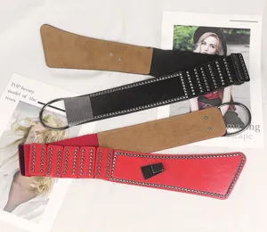 Punk style wide rivet elastic waist belts in red and black colors for women's dress