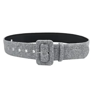 Stylish minimalist gray woolen waist belt for women with rectangular buckle for autumn coats