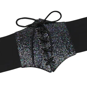 Stylish wide black elastic corset belt featuring a colorful glitter lace-up front panel.