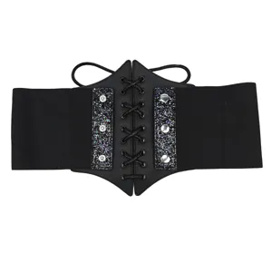 Fashionable black elastic waist belt with lace-up corset design and glitter panels