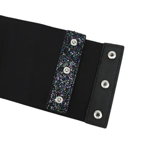 Elegant black elastic wide corset belt with colorful glitter strip and snap buttons