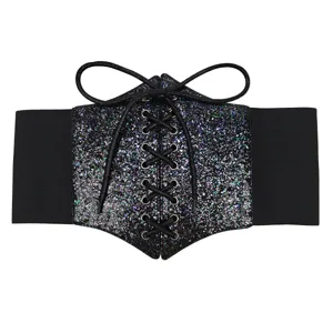 Elegant black elastic corset belt with glittery sequin lace-up detail for women, chic style