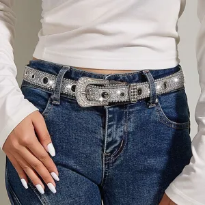 Women Y2K Silver Rhinestone Belt Western Shiny Sparkly Sequin Waist Strap Alloy Pin Buckle For Jeans Cowboy Pants Accessories