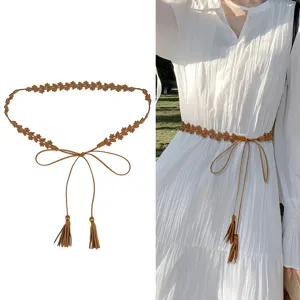 Boheems Laser Gesneden Bloem Taille Riem Vrouwen Kwastje Strikken Touw Dun Riem Retro Decoratieve Tailleketting Voor Jurk Mode