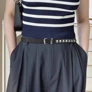 Women Vintage Studded Skinny Belt Square Round Rivet Decorative PU Leather Waist Belt For Jeans Dresses Fashion Accessories