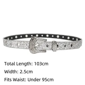Close-up of a silver glitter rhinestone belt showing detailed 2.5cm width and 103cm length