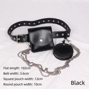 Detailed view of black PU leather belt bag with square and round pouches and silver chains